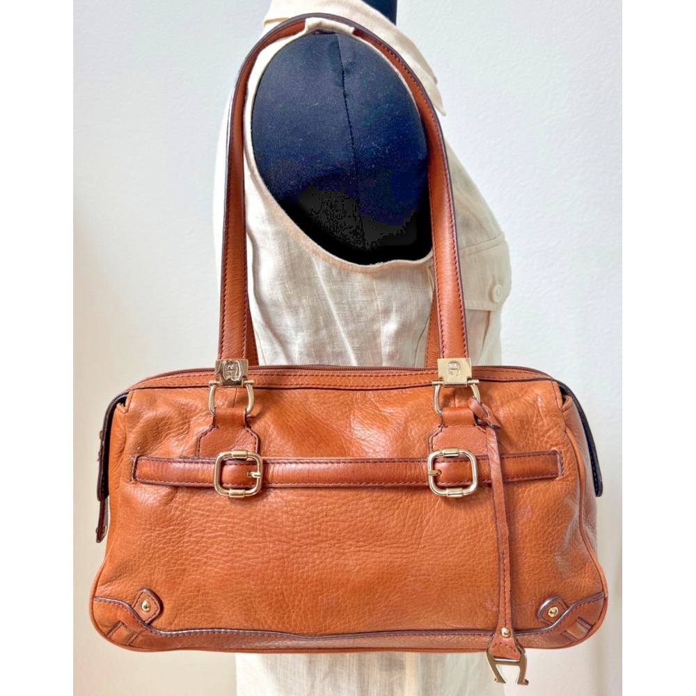 Etienne Aigner Brown Leather Satchel Shoulder Handbag Purse Gold Buckle Accents